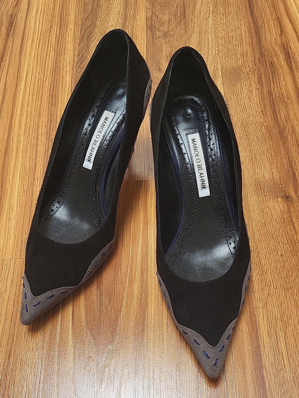 Manolo Blahnik Black Suede Pumps with Taupe and Blue-Accent Pointed Toe